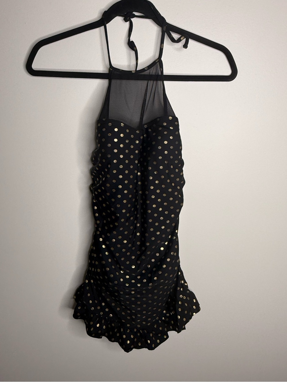Betsey Johnson Black Halter one piece swimsuit with Gold Polka Dots size small